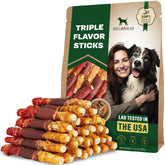 Beloved Pets rawhide wrap chicken treats image promoting long-lasting chewing for training.