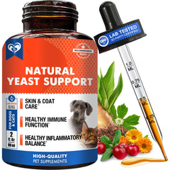 Beloved Pets yeast infection drops bottle shows soothing herbal relief for itchy skin