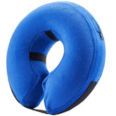 BENCMATE blue inflatable dog cone collar, side view, supports comfortable meals and gentle protection.