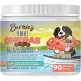 Bernie's OMG Omegas Chews bottle; convenient soft chews support healthy skin and coat.