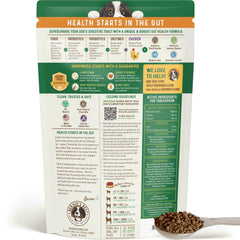 Bernie's Perfect Poop serving spoon with powder-free mix blending into dog food for digestion