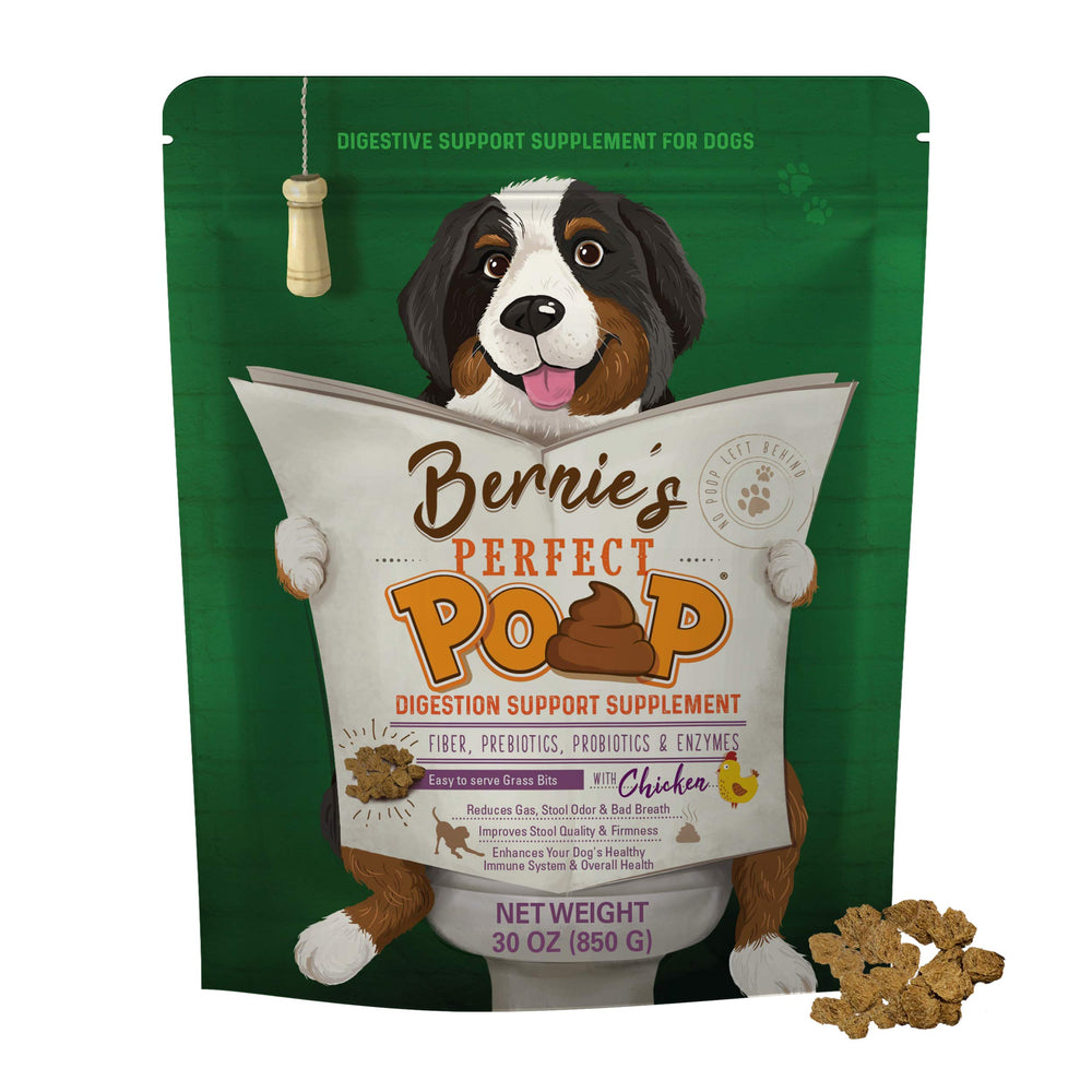 Bernie's Perfect Poop tub label closeup with high fiber grass bits for gut health