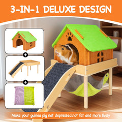 BESNEW wooden guinea pig hideout with hammock emphasizes natural wood and cozy hideaway.