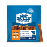 Best Bully Sticks 4 Inch pack closeup shows natural beef chew for small dogs' boredom relief.