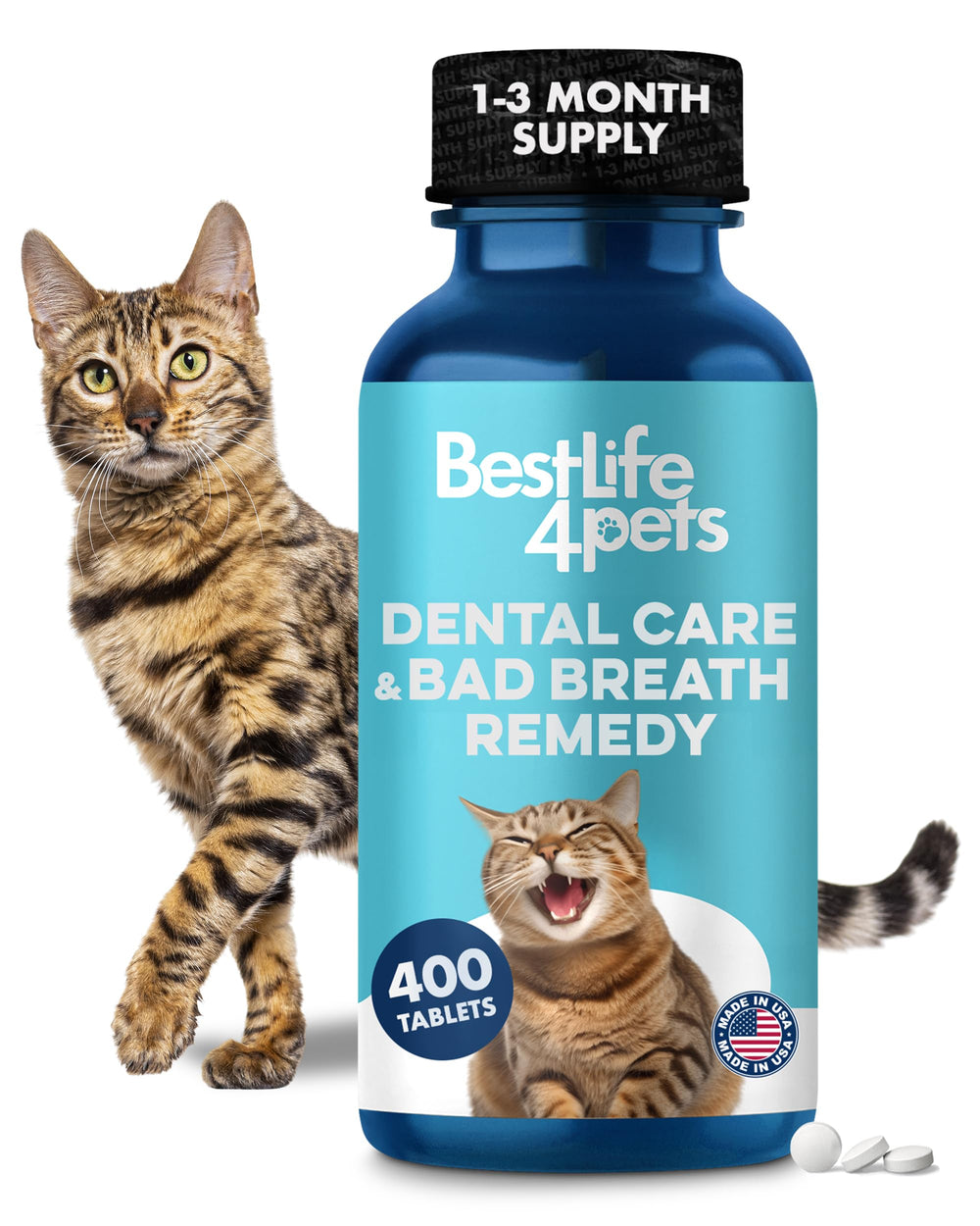 BestLife4Pets cat dental tablets dissolve for easy daily care and fresh breath.