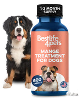 BestLife4Pets dog mange support bottle label highlights natural ingredients for skin comfort.