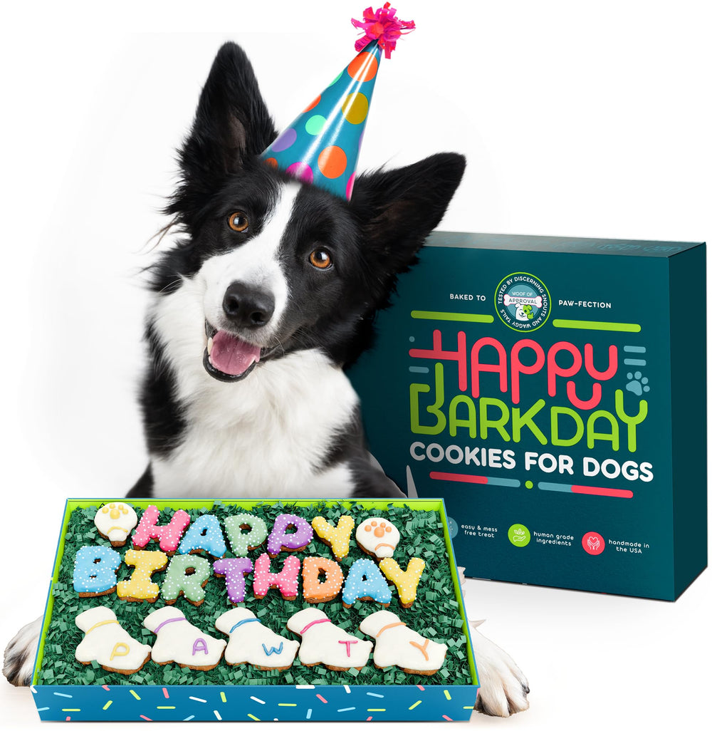 BETAPET Happy Birthday cookies for dogs arranged in a paw-shaped display for a party.