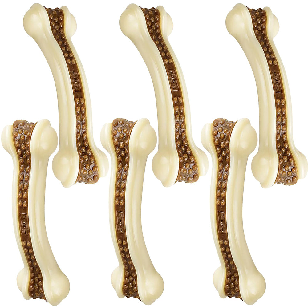BETTEPROD Dog Chew Bones six-pack display shows durable nylon chews with beef flavor.