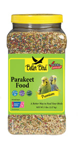 Better Bird premium parakeet food jar highlights a balanced blend for budgies