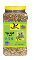 Better Bird premium parakeet food jar highlights a balanced blend for budgies