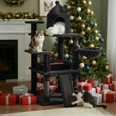 BEWISHOME heavy cat tree main view shows gothic black-red plush for indoor play.
