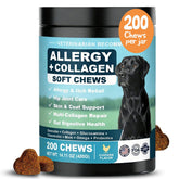 BFDEREN dog allergy chews bottle shows daily itch relief and coat support.