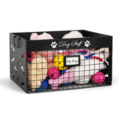 Bfttlity dog toy basket front view shows sturdy metal construction and black finish