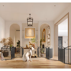 BHG dog gate with door walk-through shows convenient pet passage within reach