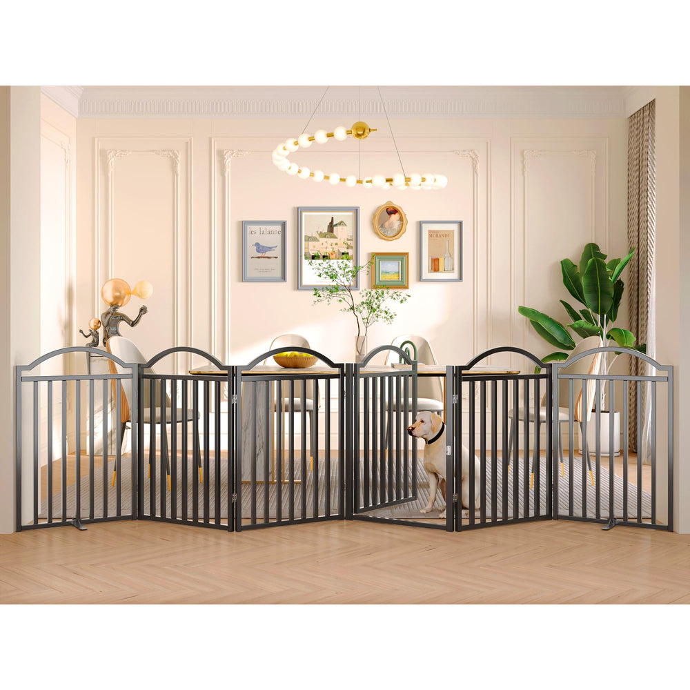 BHG metal no-assembly dog gate front view demonstrates a sturdy barrier for large openings
