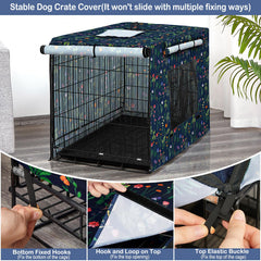 Bienbee dog crate cover interior view highlights secure elastic hooks for stable fit.