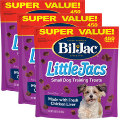 Bil-Jac Little Jacs chicken liver treats in a bag for small-dog training rewards