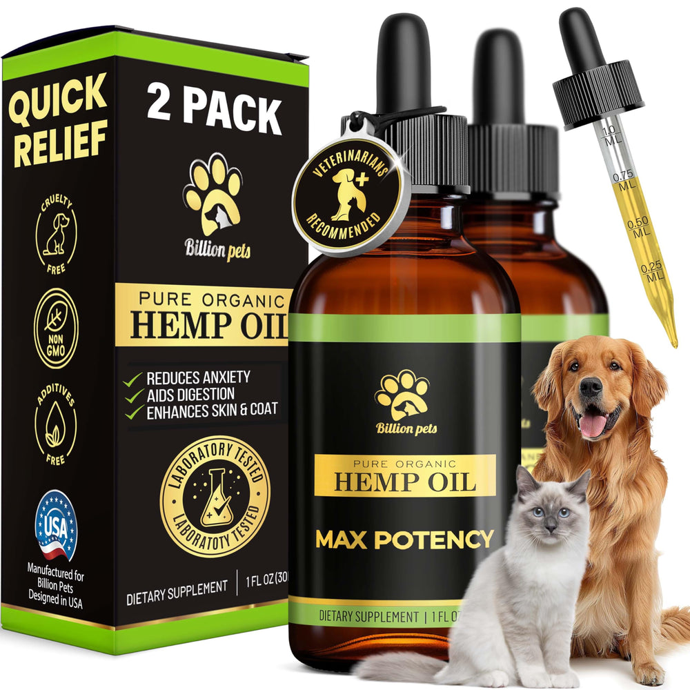 Billion Pets hemp oil drops bottle image shows a calming supplement for dogs and cats.