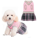 BINGPET dog sweater dress plaid pink front view for winter walks and warmth