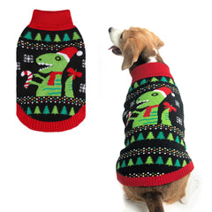 BINGPET knit puppy sweater, dinosaur pattern front, cozy holiday wear for dogs.
