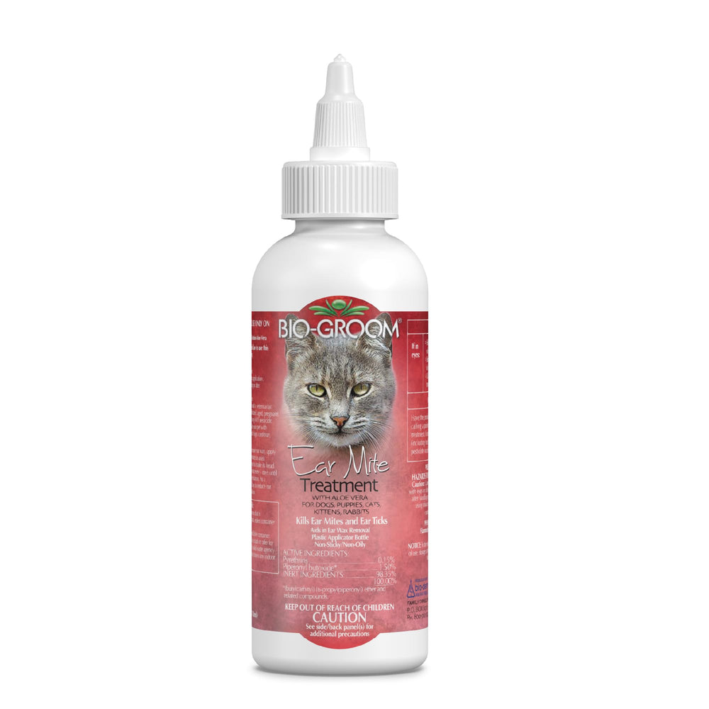 Bio-Groom Ear Mite Treatment bottle front shows a gentle ear-cleaning option for pets.