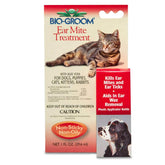 Bio-Groom Ear Mite Treatment bottle pour demonstrates easy use for dogs and cats ear care