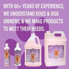 Bio-Groom Silk Creme Rinse being poured onto a dog's coat for tangle-free grooming.