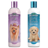 Bio-Groom tearless shampoo bottle pours for gentle dog baths, reducing tear risk.