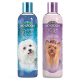 Bio-Groom Whitening Shampoo bottle pour demonstrates quick rinsing for brighter white coats.