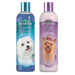 Bio-Groom Whitening Shampoo bottle pour demonstrates quick rinsing for brighter white coats.
