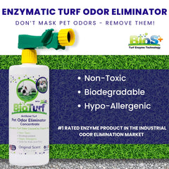 BioTurf BioS+ dilution jar shows eco-friendly cleaner preparation.