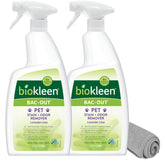 Biokleen Bac-Out bottle front highlights enzyme-based odor elimination for pets.