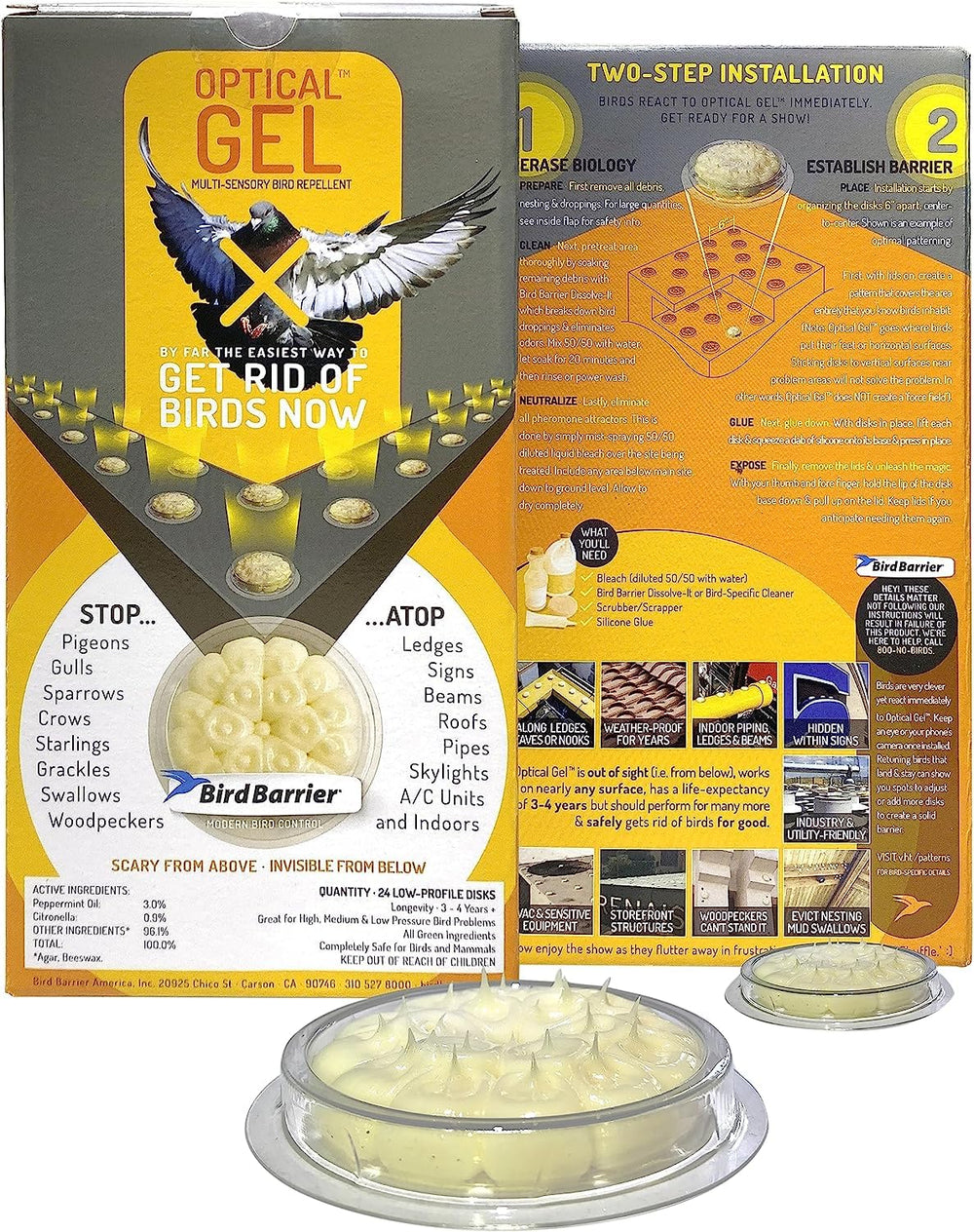 Bird Barrier Optical Gel 24 Pack packaging demonstrates humane, natural bird deterrent for homes.