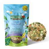Bird Street Bistro parrot food front packaging highlights USA-made, natural ingredients.