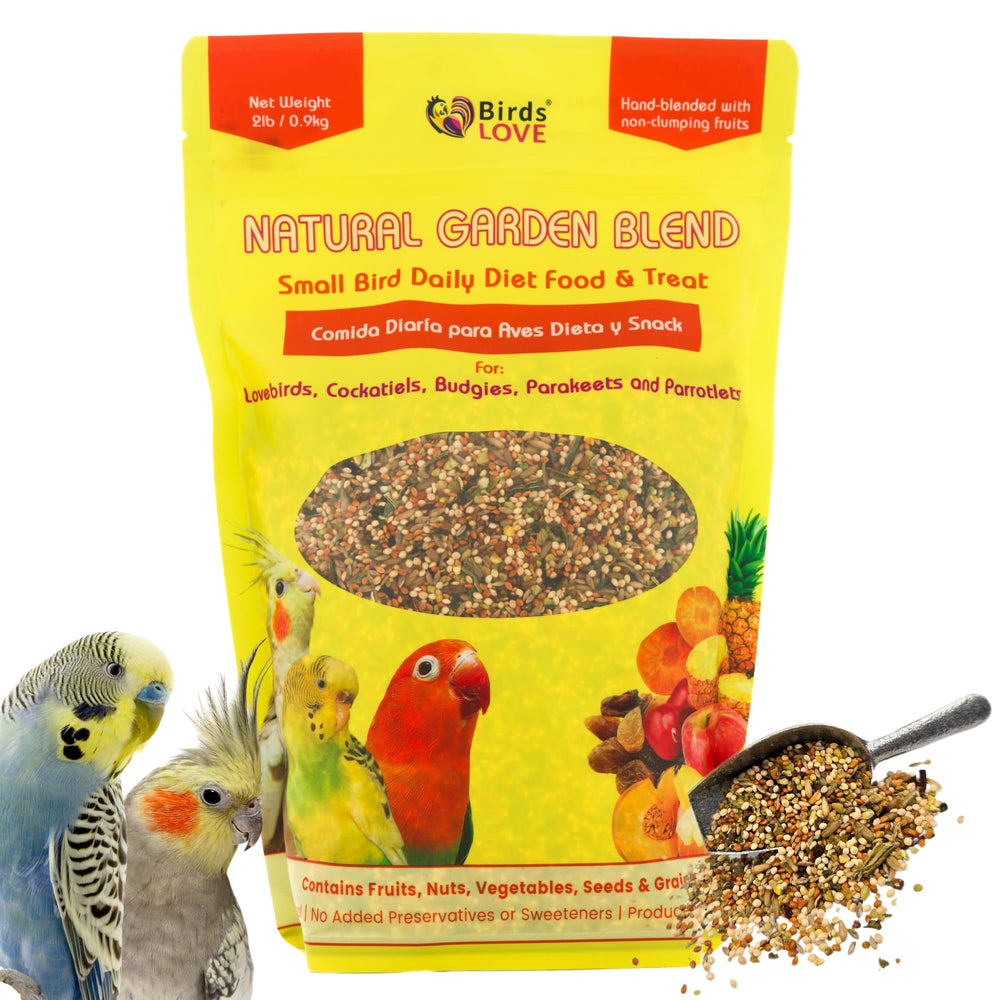 Birds LOVE Garden Blend front bag view; convenient 2lb supply for small birds.