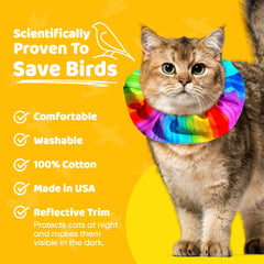 Birdsbesafe Rainbow Sally collar cover with reflective trim enhances nighttime visibility.
