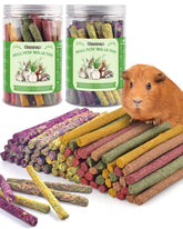 Bissap rabbit chew sticks assortment with flowers and hay promotes fiber-rich snacking.