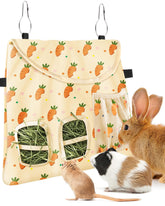 Bissap rabbit hay feeder bag front view with two-access feeding holes.