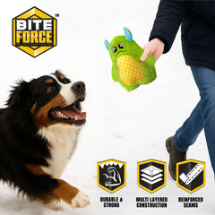 Bite Force dog toy green monster closeup fabric emphasizes durable Kevlar fabric for rugged chewing.