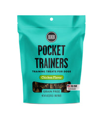 BIXBI Pocket Trainers chicken treats in a 6 oz pouch — low-calorie training reward.