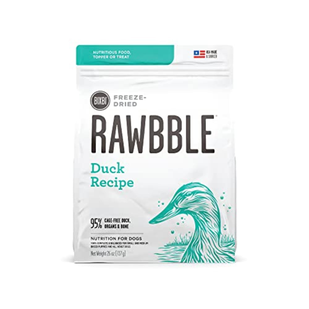 BIXBI Rawbble packaging highlighting USA-sourced duck and grain-free formula