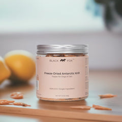 BLACK FOX krill-based food topper jar demonstrates convenient omega-3 boost for skin and mobility