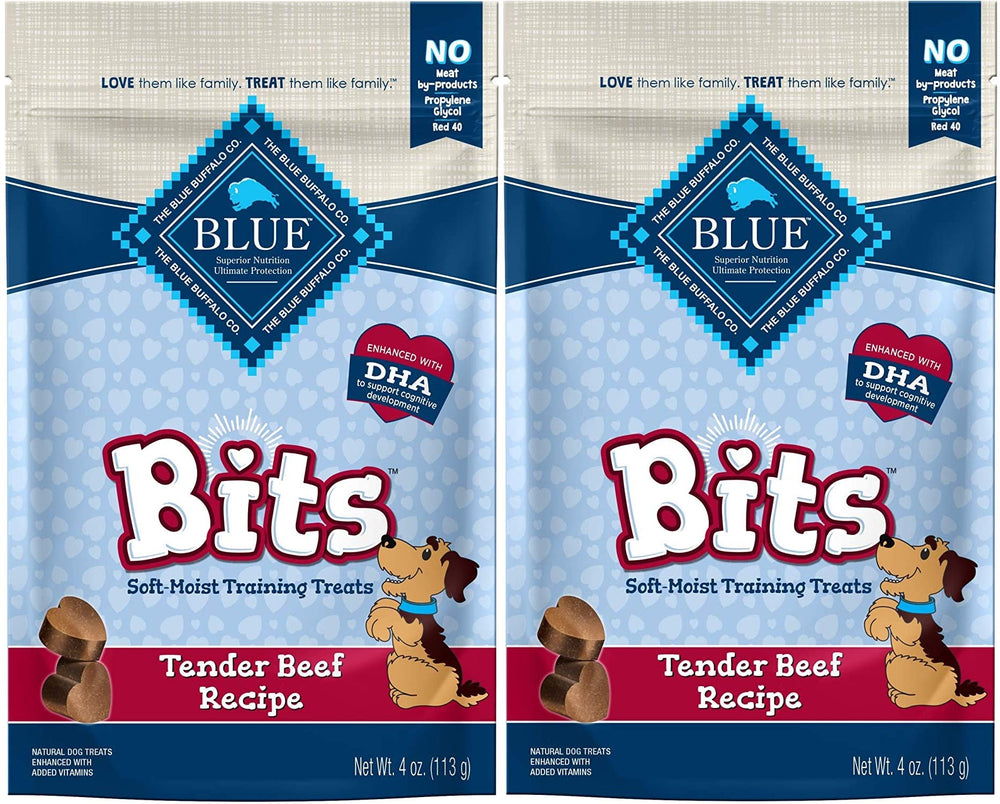 Blue Bits tender beef pack shows soft, bite-sized rewards for training sessions.