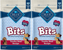 Blue Bits tender beef pack shows soft, bite-sized rewards for training sessions.
