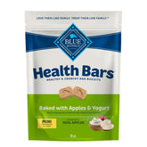 Blue Buffalo Health Bars mini biscuits packaging highlights apples and yogurt for healthy snacking.