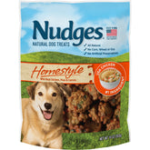 Blue Buffalo Nudges Homestyle Chicken treats front bag highlight real chicken reward for dogs.