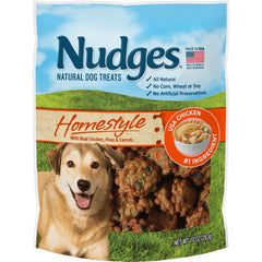 Blue Buffalo Nudges Homestyle Chicken treats front bag highlight real chicken reward for dogs.