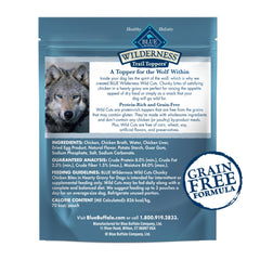 Blue Buffalo Wilderness Trail Toppers serving suggestion highlights real chicken bites for protein-packed treats