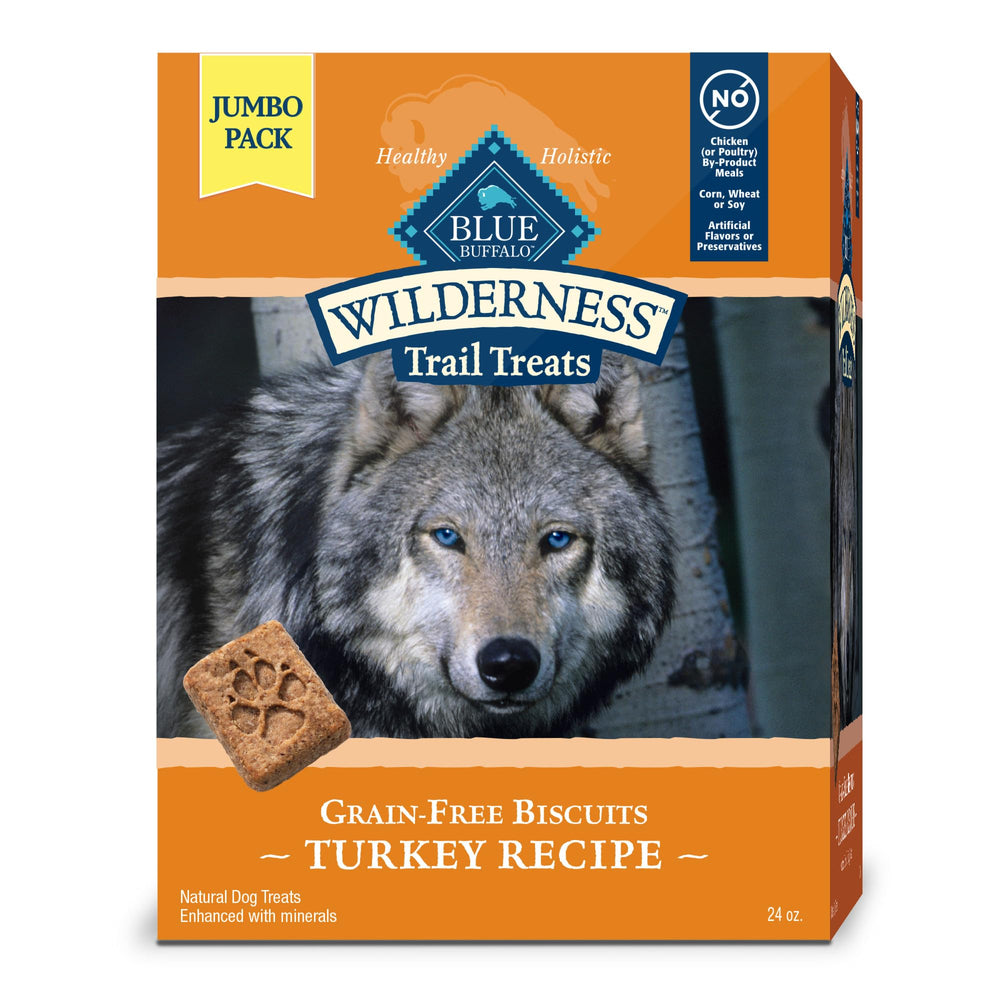 Blue Buffalo Wilderness Trail Treats packaging highlights turkey-first protein and grain-free formula for dogs