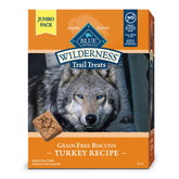 Blue Buffalo Wilderness Trail Treats packaging highlights turkey-first protein and grain-free formula for dogs